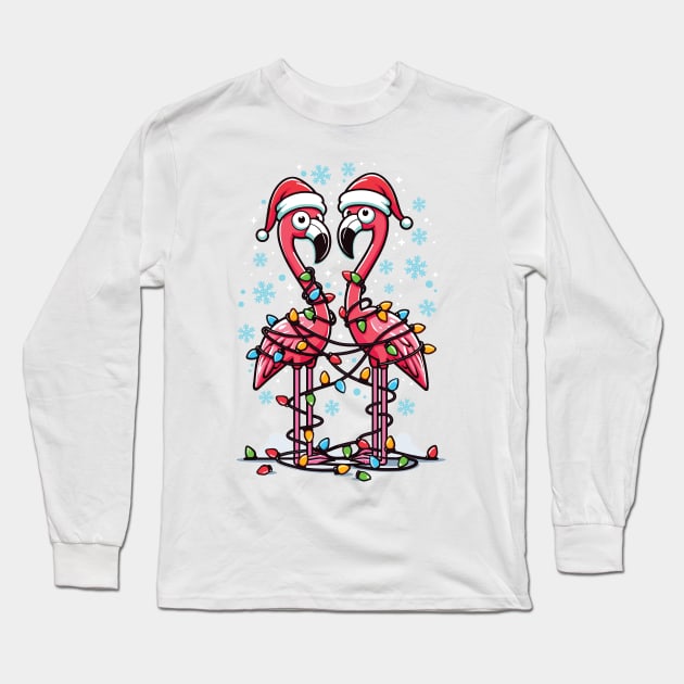 Festive Flamingos Tangled in Christmas Lights Long Sleeve T-Shirt by Graphic Duster